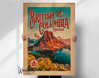 Canadian Travel Print, British Columbia Mountains, Retro Style (Multiple Sizes)