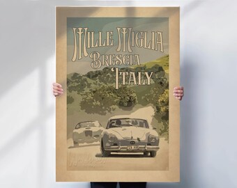 Brescia, Roma Classic Italian Rally Car Print: Vintage style Italy Travel Poster