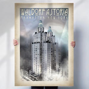 Waldorf Astoria Hotel Print - Art Deco Wall Art - Aged style New York Travel Poster - Special Place Gift- Travel prints