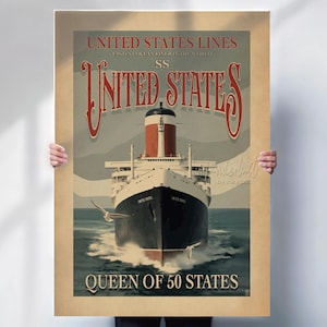 SS United States Ocean Liner Poster, Vintage Travel Art