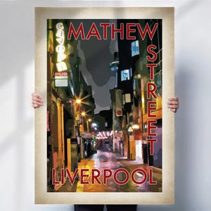 Mathew Street Travel Print - Aged Style Retro Travel Poster for Merseyside - Liverpool Wall Art- Travel prints