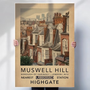Muswell Hill Print or Canvas | Vintage London Tube Station Travel Poster Style | North London Wall Art | Haringey N10 Retro Decor