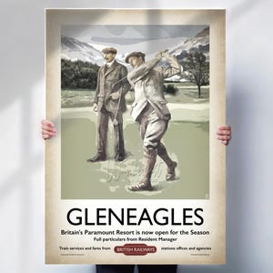 Gleneagles British Railway travel poster  - aged style golfing wall art - Scottish Travel print