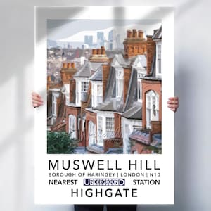 Muswell Hill Print or Canvas | Vintage London Tube Station Travel Poster Style | North London Wall Art | Haringey N10 Retro Decor