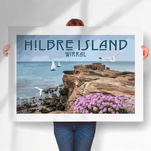 Hilbre Island Print - retro Travel Poster of West Kirby Wirral - Special Place Gift - Wall Art- Travel prints