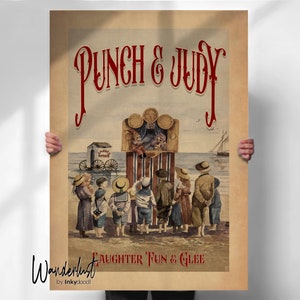 Impression vintage Punch Judy Seaside - oeuvre d'art murale pour chambre d'enfant dans un style carte postale vintage - impressions de voyage