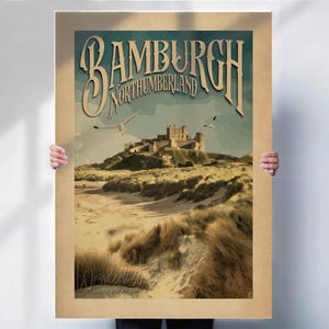 Bamburgh Northumberland Travel Print - Vintage style wall art - Perfect Gift- Travel poster