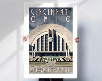 Cincinnati Ohio Union Terminal Travel Print - Art Deco Poster Retro Style- Travel prints