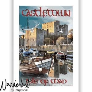 May include: A travel poster featuring a brown and white fishing boat in a harbor with a stone castle in the background. The text CASTLETOWN appears at the top and ISLE OF MAN at the bottom in red lettering. Two seagulls fly above the water.
