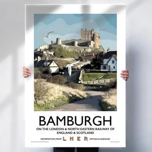Bamburgh Travel print - Northumberland LNER travel poster  - retro style wall art