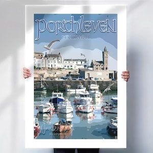 Porthleven Wall Art: Retro Cornwall Harbour Scene - Coastal Print