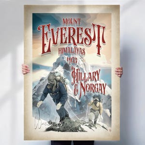 Mount Everest Travel Print - Himalayas Poster for Mountain Climbing and Adventure Lovers - Hillary and Norgay Tribute - Unique Gift Idea