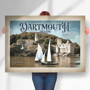 Dartmouth Travel Print - Aged Style Poster of Dartmouth Castle Devon - Special Place Gift - Vintage style Dartmouth Travel Poster