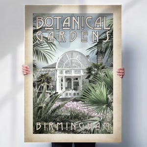 Birmingham Botanischer Garten Reisedruck - Palmenhaus-Wandkunst im gealterten Stil - Besonderer Ort Geschenk-Art-Deco-Reiseplakat