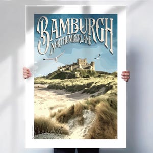Bamburgh Northumberland Travel Print - retro style wall art - Perfect Gift- Travel poster