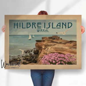Hilbre Island Print - Vintage Style Wall Art of West Kirby Wirral - Unique Travel Poster for Special Place Gift- Travel prints