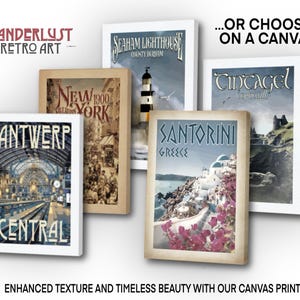 The image is a collage of five vintage-style canvas prints featuring various locations, including New York, Antwerp, Santorini, Cinagel, and Seham Lighthouse County, with the text "Wanderlust Retro Art" and "Or choose on a canvas" displayed above the prints.