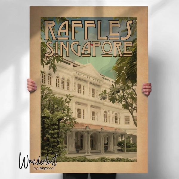 Raffles Hotel Singapore Print - Art Deco Wall Art - Travel Poster - Special Place Gift- Travel prints