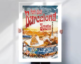 Barcelona Travel Poster, Vintage Style Park Güell (Minimalist Print)