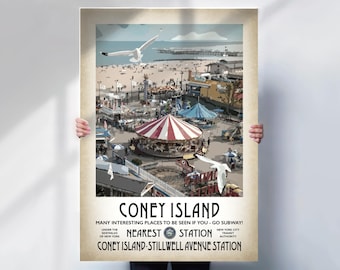 Coney Island Poster - New York Subway travel print - aged style wall art