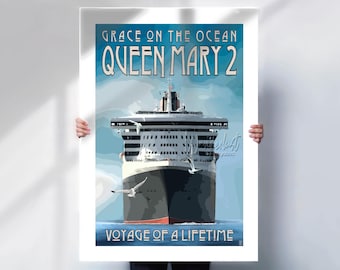 Queen Mary 2 Cruise Ship Print: Retro Nautical Ocean Liner Art