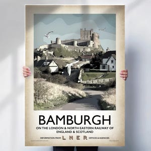 Bamburgh Travel print - Northumberland LNER travel poster  - aged style wall art
