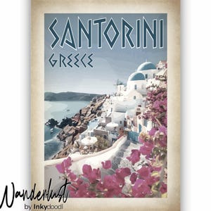 Santorini Greece Print: Aged style Travel Poster, Greek Island Art