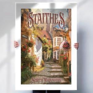 Staithes North Yorkshire wall art or canvas, coastal village travel print, harbour town decor gift, British seaside poster