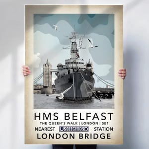 HMS Belfast travel poster, London Tube Station travel print  - aged style wall art