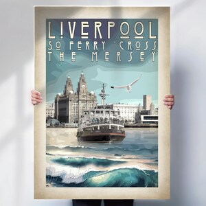 Liverpool waterfront print , Ferry cross the Mersey print , Liver building , Mersey Ferry , aged style , special place gift