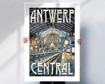 Antwerp Central Station Print: Belgium Retro Travel Poster