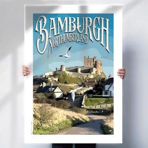 Bamburgh Travel Print - retro style Northumberland wall art - Perfect Gift- Travel poster