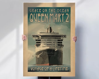 Queen Mary 2 Vintage Effect Travel Print or Canvas | Retro Ocean Liner Wall Art | Cunard Cruise Ship Poster Decor
