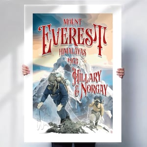 Mount Everest Travel Print - Himalayas Poster for Mountain Climbing and Adventure Lovers - Hillary and Norgay Tribute - Unique Gift Idea