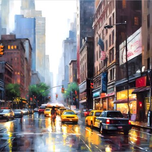 Modern City on a Rainy Day Art, Rainy Day Art, Red Traffic lights, Wall Hangings Art, Wall Décor Art, Work of Art, Cabs on roads, Street Art