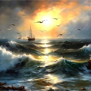Uccelli sul mare in tempesta, Arte del mare in tempesta, Onde che si infrangono, Arte dei marinai, Arte della decorazione della parete, Opera d'arte, Tuono sul mare in tempesta, Arte degli arazzi