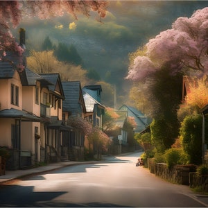 May include: A street lined with houses in a small town. The houses are painted in pastel colours and have lush green lawns. The street is lined with trees, some of which are in bloom. The sun is shining brightly and the sky is a clear blue.