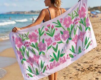 Pink Floral Beach Towel, Botanical Pool Towel, Garden Flower Summer Towel, Personalized Printed Towel, Custom Gift For Women