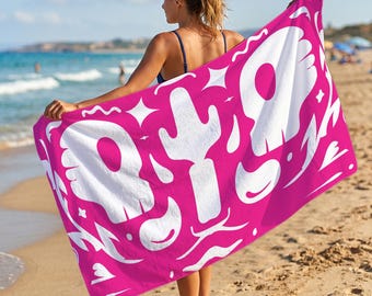 Retro Beach Towel, Pink Typographic Pool Towel, Y2K Summer Towel, Personalized Printed Towel, Custom Gift For Women