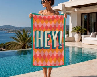 Hey Beach Towel, Retro Checkered Pool Towel, Colorful Summer Towel, Personalized Printed Towel, Custom Gift For Women