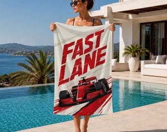 Fast Lane Beach Towel, Formula Race Car Pool Towel, Red Racing Summer Towel, Personalized Printed Gift For Car Lovers
