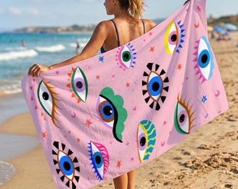 Evil Eye Beach Towel, Pink Nazar Pool Towel, Colorful Eye Summer Towel, Personalized Printed Towel, Custom Gift For Women