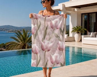 Tulip Beach Towel, Pink Floral Pool Towel, Elegant Botanical Summer Towel, Personalized Printed Gift For Women
