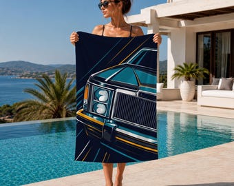 Classic Car Beach Towel, Vintage Auto Pool Towel, Black Luxury Car Summer Towel, Personalized Printed Gift For Men