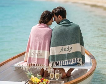 Personalized Organic Turkish Cotton Towel, Embroidered Diamond Beach Towel