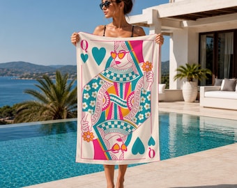 Queen Card Beach Towel, Playing Card Pool Towel, Personalized Printed Towel, Custom Summer Gift For Card Game Lovers