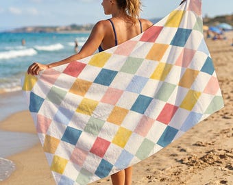 Pastel Checkered Beach Towel, Colorful Checker Pool Towel, Personalized Printed Towel, Custom Summer Gift For Women