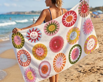 Sun Face Beach Towel, Retro Sun Pool Towel, Colorful Celestial Summer Towel, Personalized Printed Gift For Women