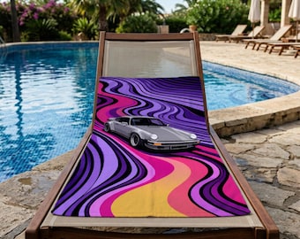Retro Sports Car Beach Towel, Purple Wave Pool Towel, Vintage Car Summer Towel, Personalized Printed Gift For Men