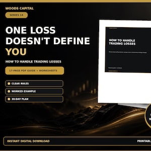Op de afbeelding: Een 17-pagina tellende digitale PDF-gids met werkbladen getiteld One Loss Doesn't Define You: How to Handle Trading Losses van Woods Capital. Het document bevat duidelijke regels, een uitgewerkt voorbeeld en een 30-dagenplan in A4-formaat.